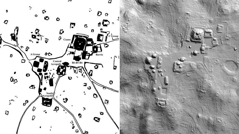 Traditional hand drawn maps can be contrasted with a 2D LiDAR imageof Caracol in which terraces, topography and other archaeological remains are visible. (Copyright: A&D Chase)