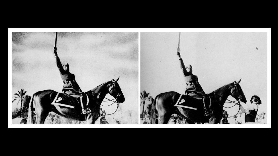 Italian dictator Benito Mussolini had the horse handler removed from this picture in 1942 to make him appear more heroic. (Courtesy: Fourandsix.com) Italian dictator Benito Mussolini had the horse handler removed from this picture in 1942 to make him appear more heroic. (Courtesy: Fourandsix.com)