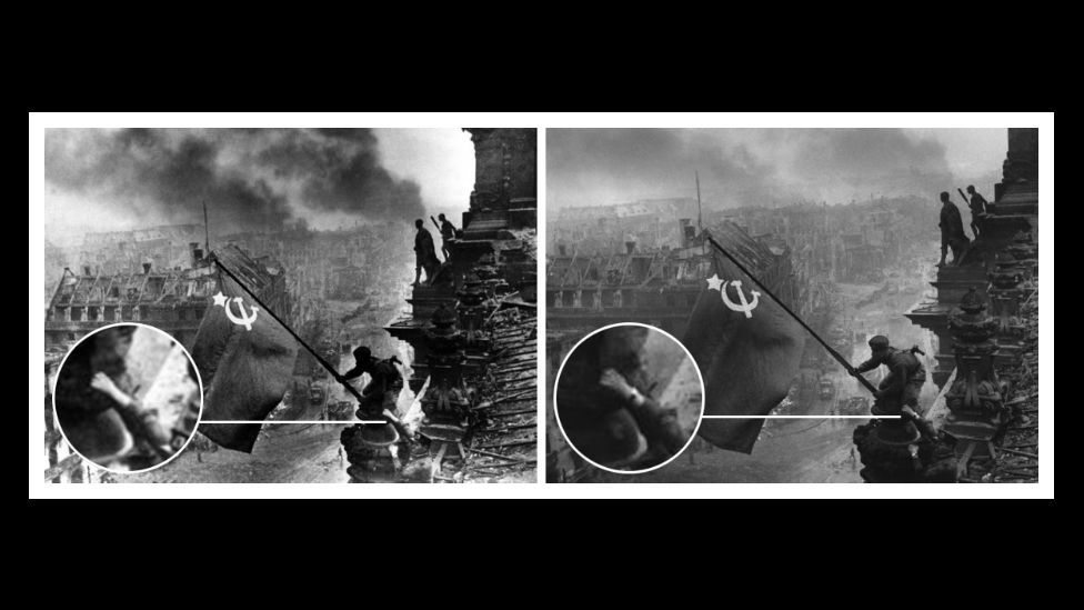 In Yevgeny Khaldei‘s iconic shot of Soviet soldiers above a ruined Berlin, authorities removed a compass in case anyone thought it was a looted watch. (Courtesy: Fourandsix.com) In Yevgeny Khaldei‘s iconic shot of Soviet soldiers above a ruined Berlin, authorities removed a compass in case anyone thought it was a looted watch. (Courtesy: Fourandsix.com)
