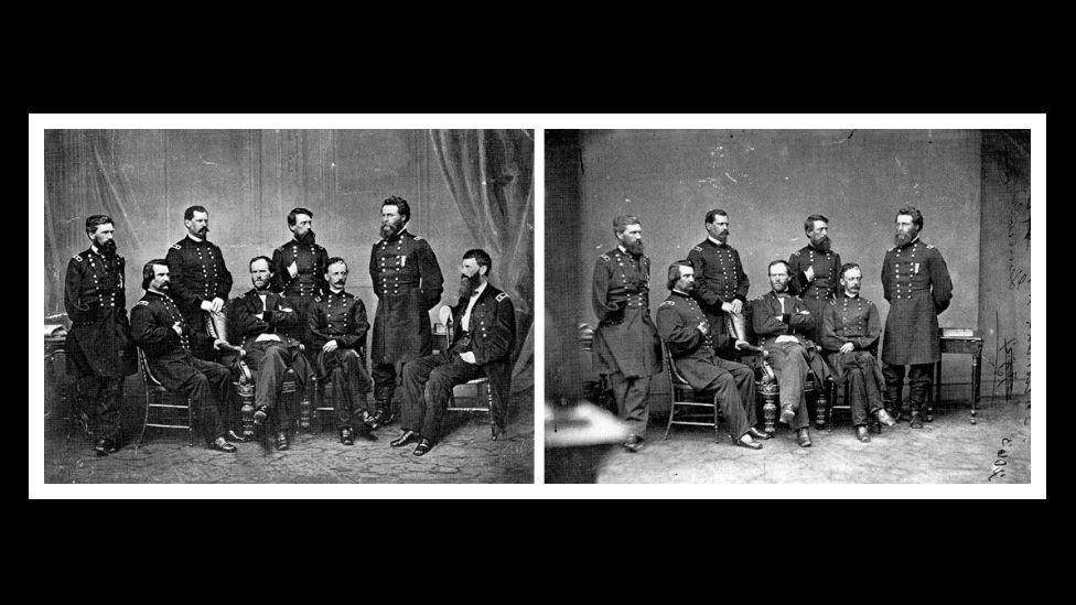 American general Francis P. Blair (right) was added to Mathew Brady's famous photo of General Sherman’s retinue because he was not at the meeting. (Courtesy: Fourandsix.com) American general Francis P. Blair (right) was added to Mathew Brady's famous photo of General Sherman’s retinue because he was not at the meeting. (Courtesy: Fourandsix.com)