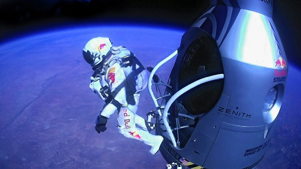 Austrian Felix Baumgartner leaped from a balloon at 39km (24 miles) in October to set records for the highest parachute jump and fastest free-fall. (Copyright: AP/Red Bull Stratos) Austrian Felix Baumgartner leaped from a balloon at 39km (24 miles) in October to set records for the highest parachute jump and fastest free-fall. (Copyright: AP/Red Bull Stratos)