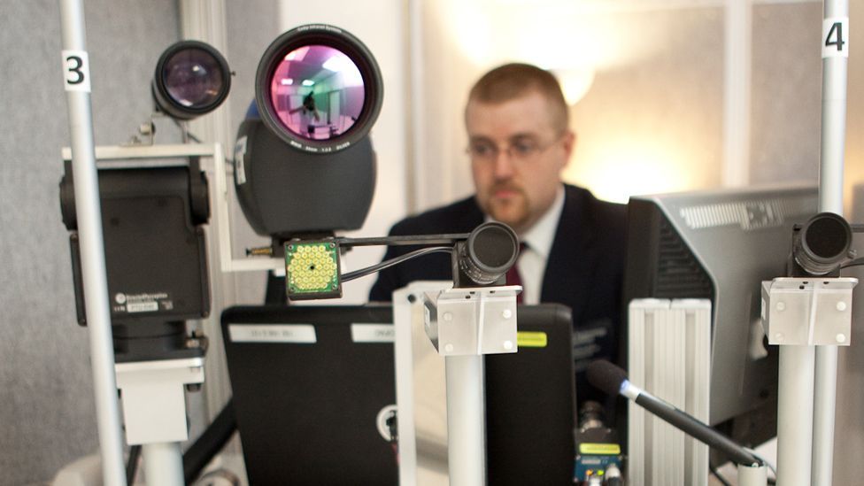 The Future Attribute Screening Technology uses sensors that detect tiny changes in heart rate, gaze, and pupil dilation to screen people at airports. (Copyright: Jane Shauck) The Future Attribute Screening Technology uses sensors that detect tiny changes in heart rate, gaze, and pupil dilation to screen people at airports. (Copyright: Jane Shauck)