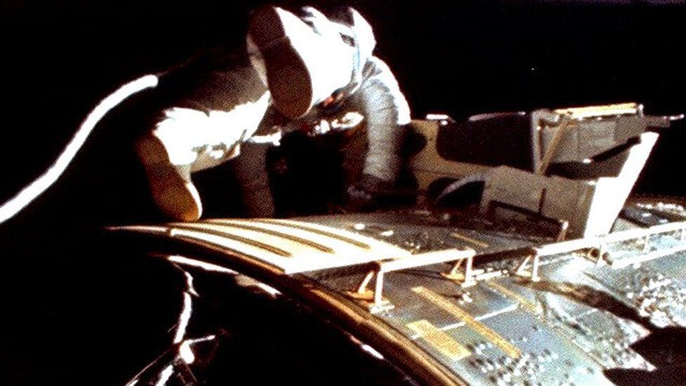 On the way back to Earth, Worden completed a space walk to retrieve film from cameras on the module. This shot was taken by Jim Irwin. (Copyright: Nasa) On the way back to Earth, Worden completed a space walk to retrieve film from cameras on the module. This shot was taken by Jim Irwin. (Copyright: Nasa)
