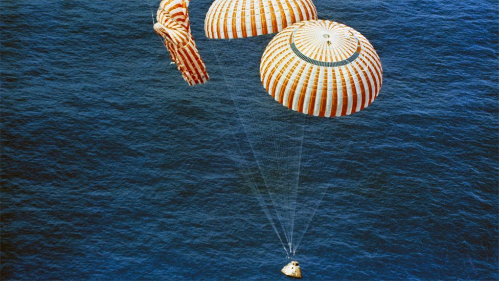 Although only two of the three parachutes on the return capsule deployed, the crew landed safey into the Pacific Ocean on 7 August 1971, 13 days after launch. (Copyright: Nasa) Although only two of the three parachutes on the return capsule deployed, the crew landed safey into the Pacific Ocean on 7 August 1971, 13 days after launch. (Copyright: Nasa)