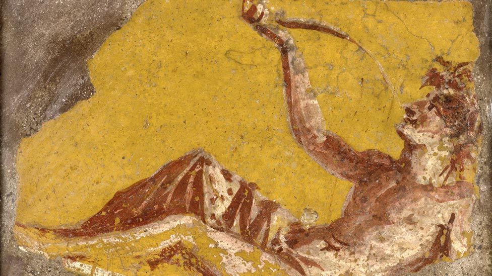 This fragment of a wall painting from Pompeii shows a man reclining to drink. Violence, sex and indulgence pervaded Roman culture. (British Museum) This fragment of a wall painting from Pompeii shows a man reclining to drink. Violence, sex and indulgence pervaded Roman culture. (British Museum)