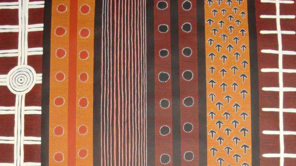 These bold patterns are copies of decorations painted on bodies during tribal ceremonies in earth colours. (Raymond Walters Japanangka, Thornyarts.com)