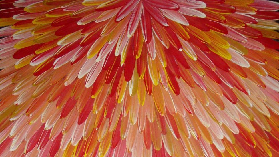 The sacred feathers of Australia's largest native bird are represented by vivid shades of white, red and yellow. (Raymond Walters Japanangka, Thornyarts.com)