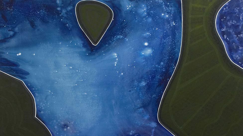 The vivid shades of blue and white symbolise the "water of life, experience, and the universe" flowing through the land of Bronwyn Bancroft's ancestors. (Bronwyn Bancroft)
