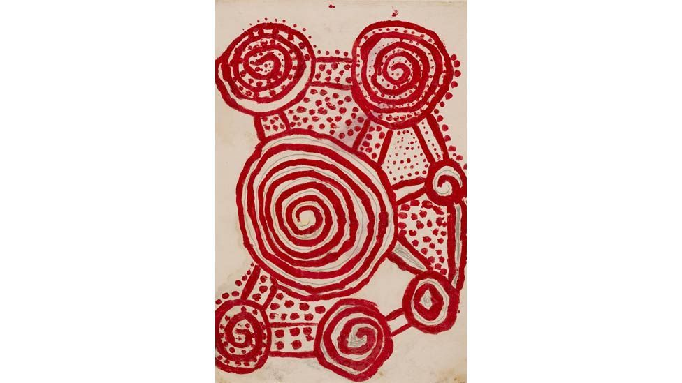 A rare work in pencil and watercolour was made by a Pintupi artist in 1971. It is dominated by spiralling circles and lines of travel. (Art Gallery of New South Wales)