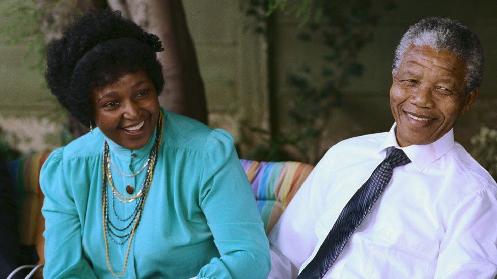 Reunited with Nelson Mandela after his release from prison in 1990, Madikizela-Mandela adopted a new style uniform suitable for a president’s wife. (David Turnley/Corbis)