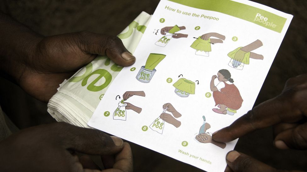 A leaflet from PeePoo is used by agents to show customers how to use and dispose of the bags. Bags are sold in places such as Kibera, the Kenyan capital’s biggest slum. A leaflet from PeePoo is used by agents to show customers how to use and dispose of the bags. Bags are sold in places such as Kibera, the Kenyan capital’s biggest slum.