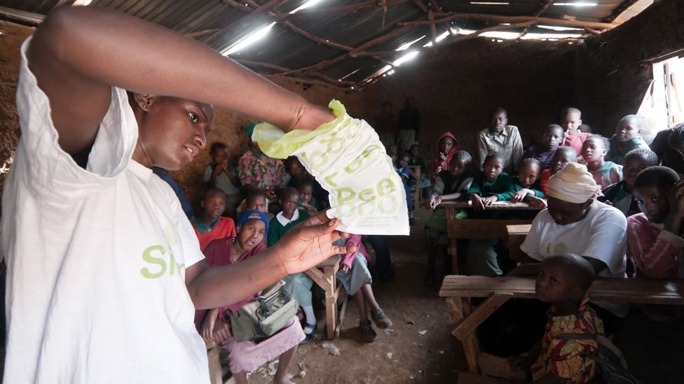 One product sold is the Peepoo, a self-sanitising bag which requires no extra water. They can be stored safely and without smell, and disposed in a collection bin the next day. One product sold is the Peepoo, a self-sanitising bag which requires no extra water. They can be stored safely and without smell, and disposed in a collection bin the next day.