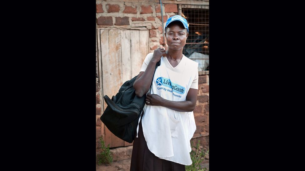 Gertrude, a Living Goods community health promoter, sells her goods to some 400 families in her community. It helps the widow provide for her four children. Gertrude, a Living Goods community health promoter, sells her goods to some 400 families in her community. It helps the widow provide for her four children.