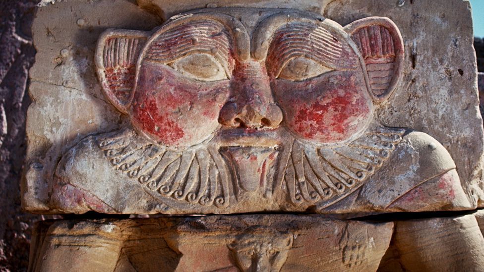 Tongue out and facing defiantly forward, the figure of Bes guards the 'birth house' near the Egyptian temple of Dendera. (Corbis)