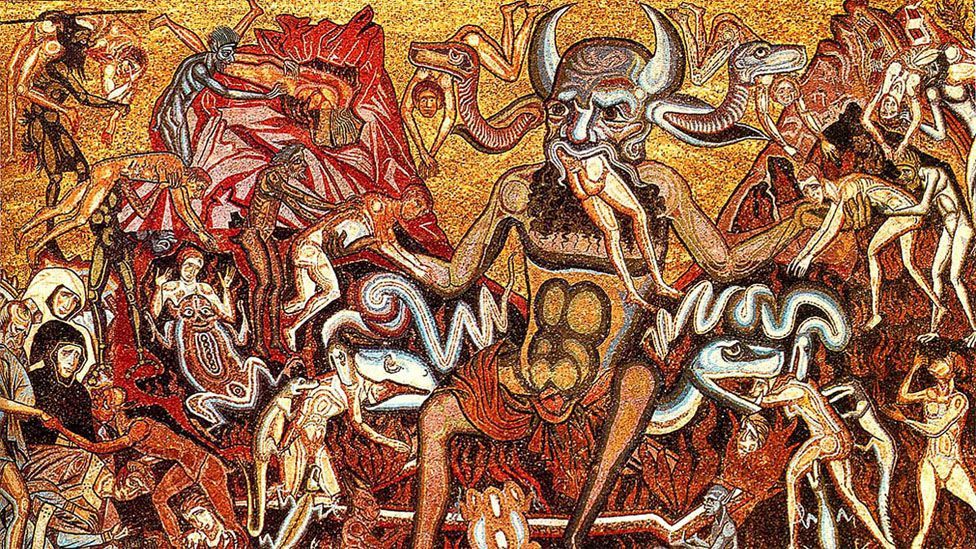 Serpents issue from the ears of Satan in the mosaic of hell in the Florence Baptistery, just as they slithered from representations of Bes.