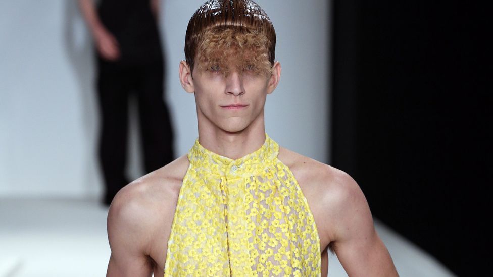 JW Anderson's backless, semi-sheer halter tops for men raised eyebrows at London Men's Fashion Week. (Rex Features)