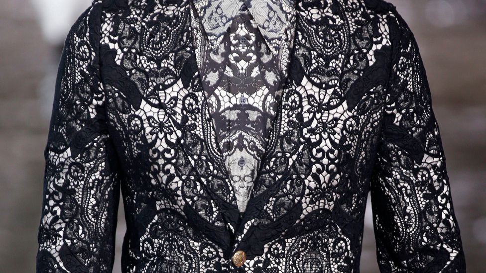 The trademark Alexander McQueen skull was woven into the lace designs. (Press Association) The trademark Alexander McQueen skull was woven into the lace designs. (Press Association)