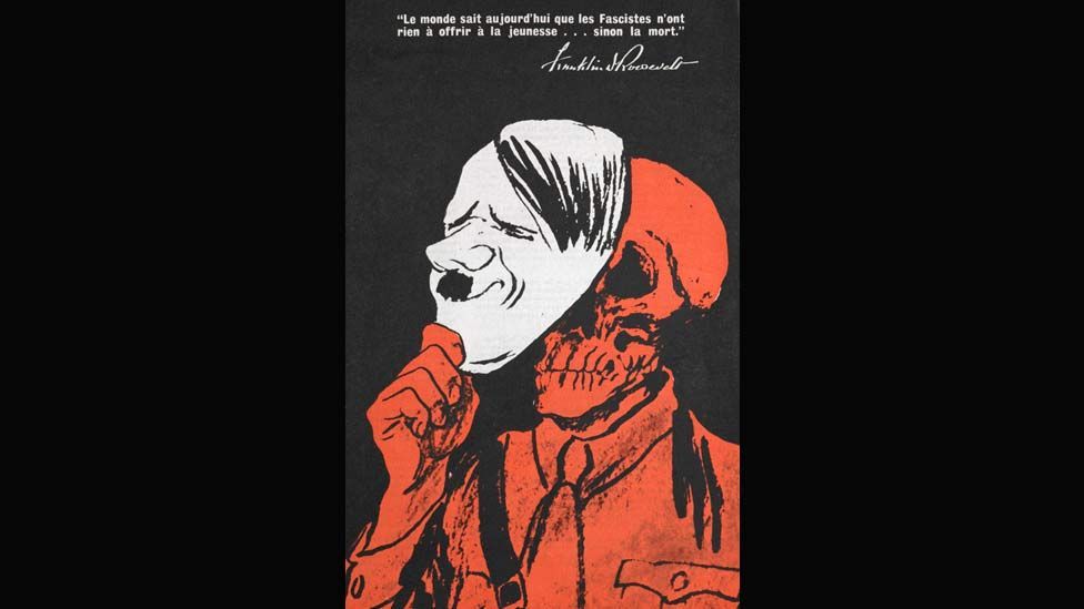 Franklin Roosevelt’s message to young people, showing a Hitler mask and skull, was produced by the United States’ office of war information in 1942. (Photo: British Library) Franklin Roosevelt’s message to young people, showing a Hitler mask and skull, was produced by the United States’ office of war information in 1942. (Photo: British Library)