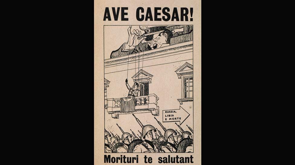 This poster which reads ‘those who are about to die salute you’ was created by the UK foreign office and distributed in Italy in 1942. (Photo: British Library) This poster which reads ‘those who are about to die salute you’ was created by the UK foreign office and distributed in Italy in 1942. (Photo: British Library)