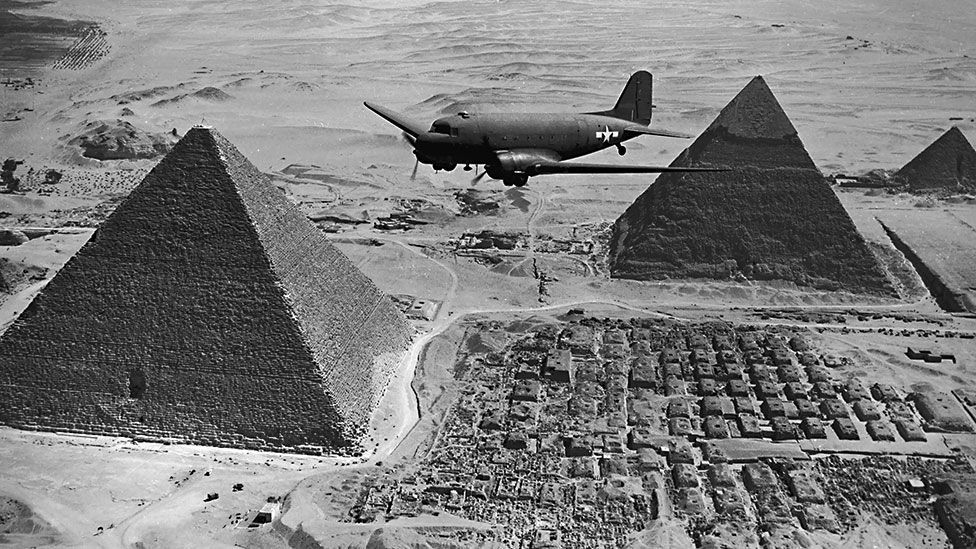 The US Army Air Force used DC-3s extensively in World War II, like this Dakota transport variant flying urgent war supplies over Egypt in 1943. (Keystone/Getty)