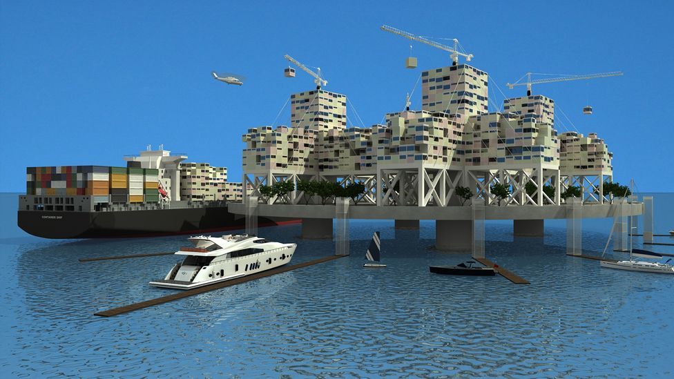 The Seasteading Institute is investigating several designs, including one where pre-fabricated dwellings are delivered by cargo ships. (Anthony Ling/Seasteading Institute) The Seasteading Institute is investigating several designs, including one where pre-fabricated dwellings are delivered by cargo ships. (Anthony Ling/Seasteading Institute)