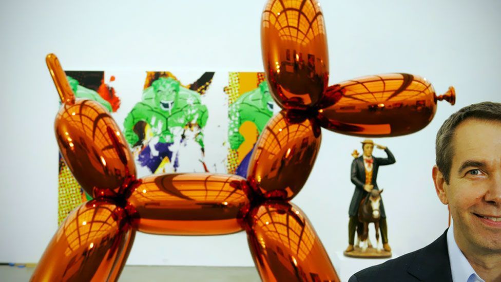Jeff Koons has seen his fortunes rise in recent years. One of his Balloon Dogs is expected to fetch $35m-$55m at auction in New York this month. (MCA Chicago)