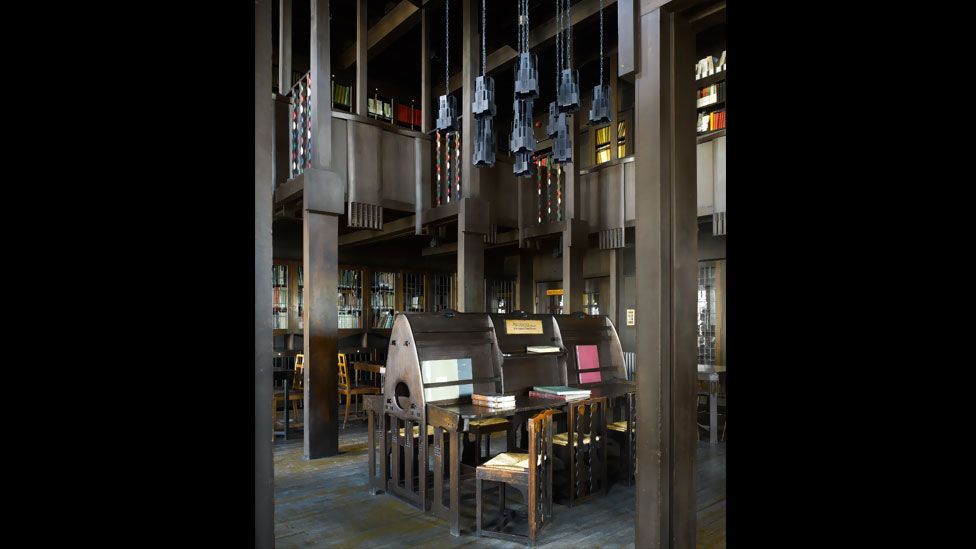 Charles Rennie Mackintosh’s beautiful library at the Glasgow School of Art shows the Scottish architect and designer’s particular take on Art Nouveau. Charles Rennie Mackintosh’s beautiful library at the Glasgow School of Art shows the Scottish architect and designer’s particular take on Art Nouveau.
