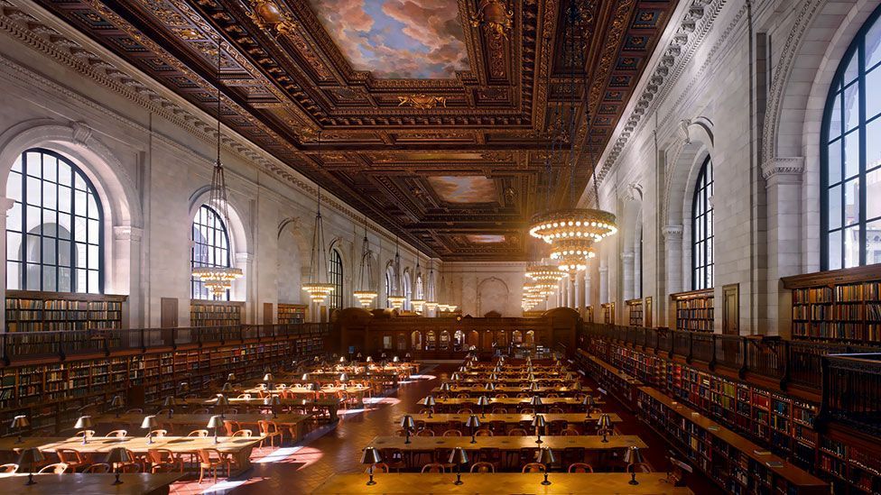 At the time it was built, the huge reading room of the New York Public Library was the largest of its kind at 297ft (91m) long and 51ft (16m) high. At the time it was built, the huge reading room of the New York Public Library was the largest of its kind at 297ft (91m) long and 51ft (16m) high.