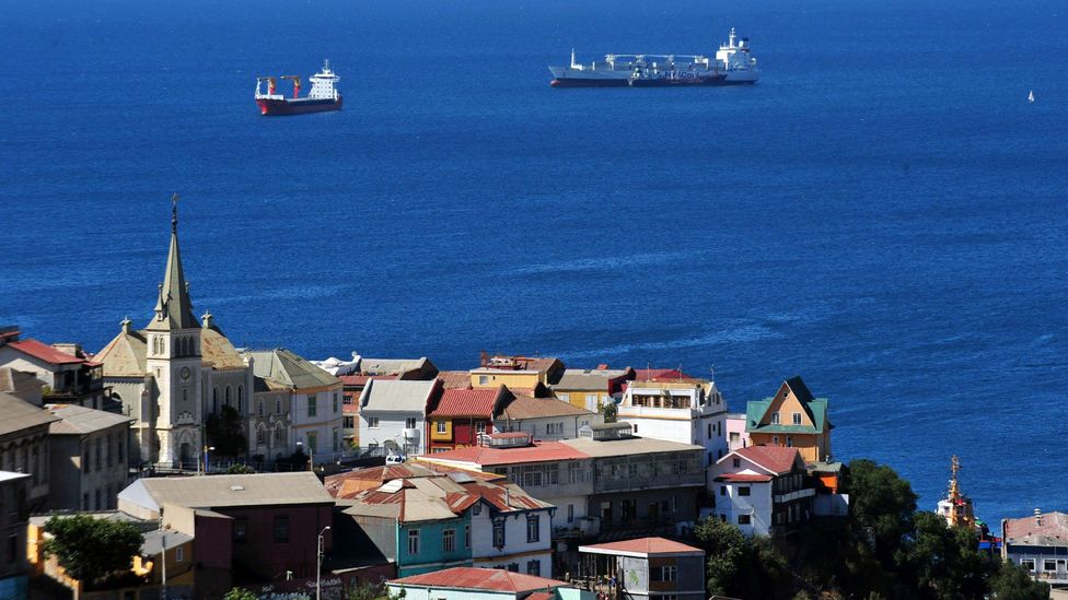Cargo ships in Valparaiso Bay