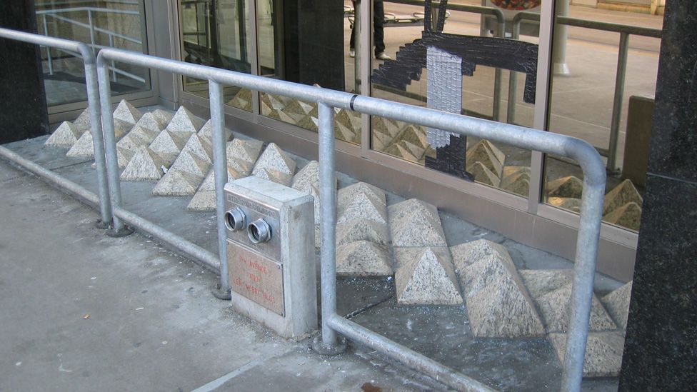 Decorative blocks placed in this window in Canada also prevent people from sitting or sleeping there. (Marian Doerk) Decorative blocks placed in this window in Canada also prevent people from sitting or sleeping there. (Marian Doerk)