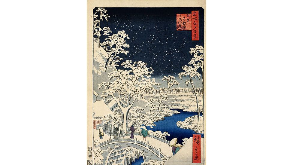 The Drum Bridge and Yuhi Hill at Meguro by Hiroshige (1857)