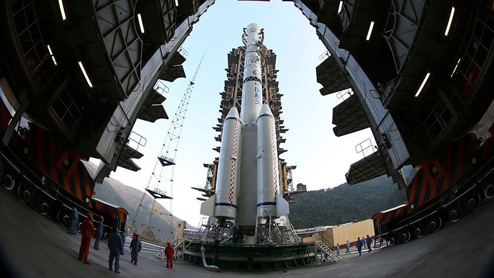 China’s Long March 3B rocket – carrying the Chang’e lunar probe and the Yutu (Jade Rabbit) rover – seen hours before its historic launch. (Reuters) China’s Long March 3B rocket – carrying the Chang’e lunar probe and the Yutu (Jade Rabbit) rover – seen hours before its historic launch. (Reuters)