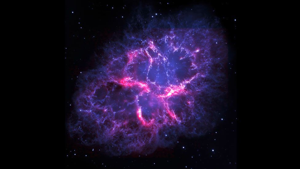 The remains of the Crab Nebula – once a supernova – are pictured in this composite image taken by the Hubble Space Telescope and Herschel Space Observatory. (ESA, Nasa/Reuters) The remains of the Crab Nebula – once a supernova – are pictured in this composite image taken by the Hubble Space Telescope and Herschel Space Observatory. (ESA, Nasa/Reuters)
