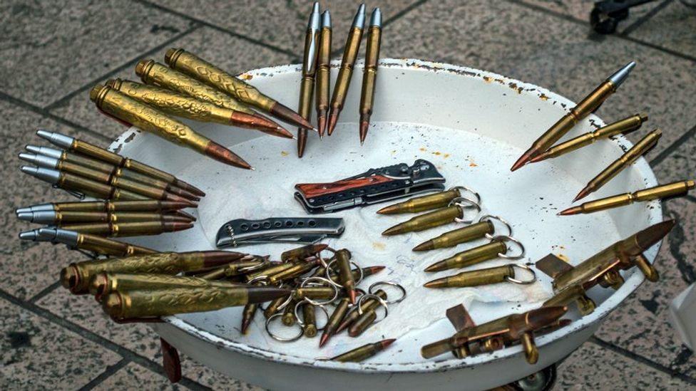 Bullets and bomb cases from the Bosnian War are sold at Sarajevo's market. (Sameena Jarosz)