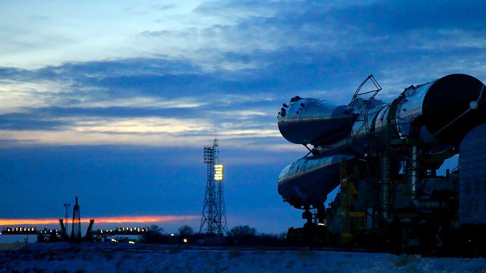 A Russian Soyuz-U booster heading to its launch site at Kazakhstan’s Baikonur Cosmodrome. The Soyuz was carrying an unmanned Progress M-22M cargo spacecraft. (AFP/Getty Images) A Russian Soyuz-U booster heading to its launch site at Kazakhstan’s Baikonur Cosmodrome. The Soyuz was carrying an unmanned Progress M-22M cargo spacecraft. (AFP/Getty Images)