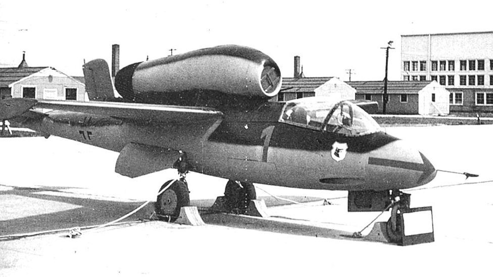 While the Heinkel He-162 was aerodynamically advanced, rushed production, barely trained crews and sub-standard building material made it a liability. (US Air Force)