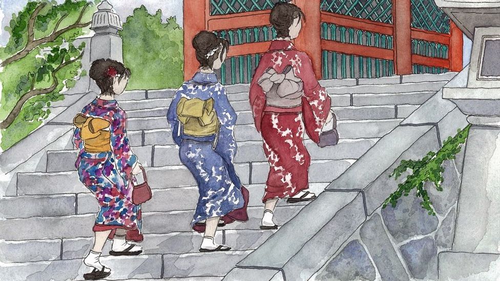 Three kimonoed women walk up the steps to the shrine of Kiyomizudera Temple. (Candace Rose Rardon)