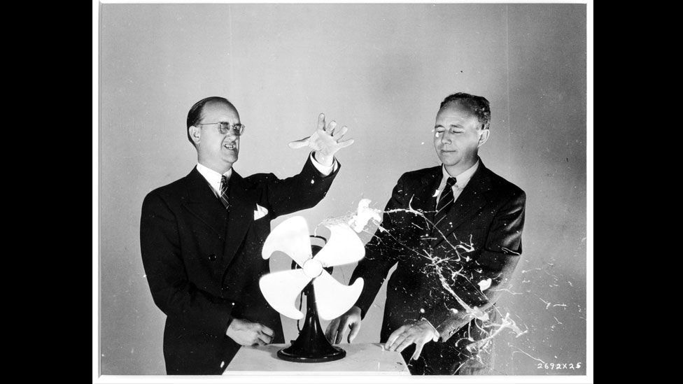 ... freezing the resultant explosion and the rapidly spinning fan blades at the same time. (Harold Edgerton Archive, MIT)