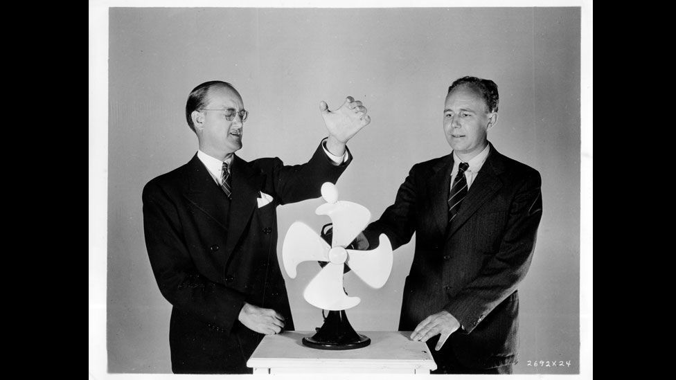 Edgerton (right) appeared in this image of an egg being dropped into the whirling blades of a fan... (Harold Edgerton Archive, MIT)