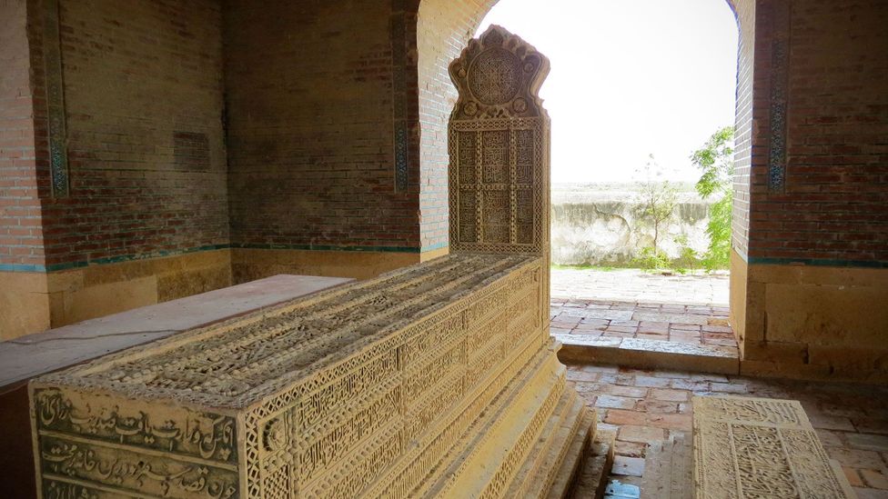 Quranic verses and geometric carvings adorn the grave of Mir Sultan Ibrahim (1556 to 1592), a ruler of the Tarkhan dynasty. (Urooj Qureshi)