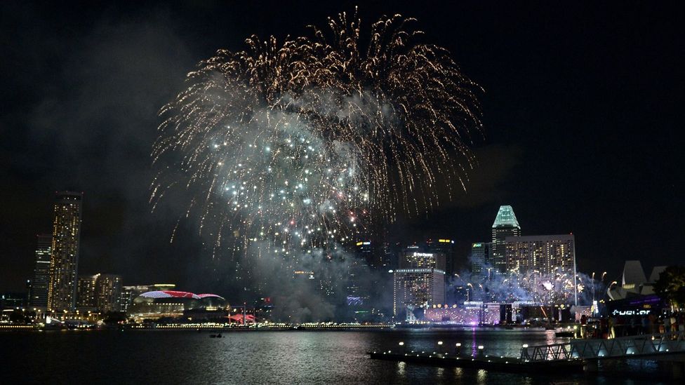 Fireworks burst over Singapore on the city's birthday, called National Day, on 9 August 2014. (Roslan Rahman/AFP/Getty)