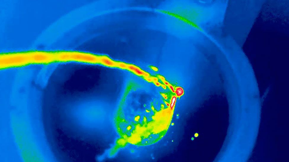 A thermogram of a man urinating into a toilet. Thermography records the temperature of objects by detecting long- wavelength radiation (Science Photo Library)
