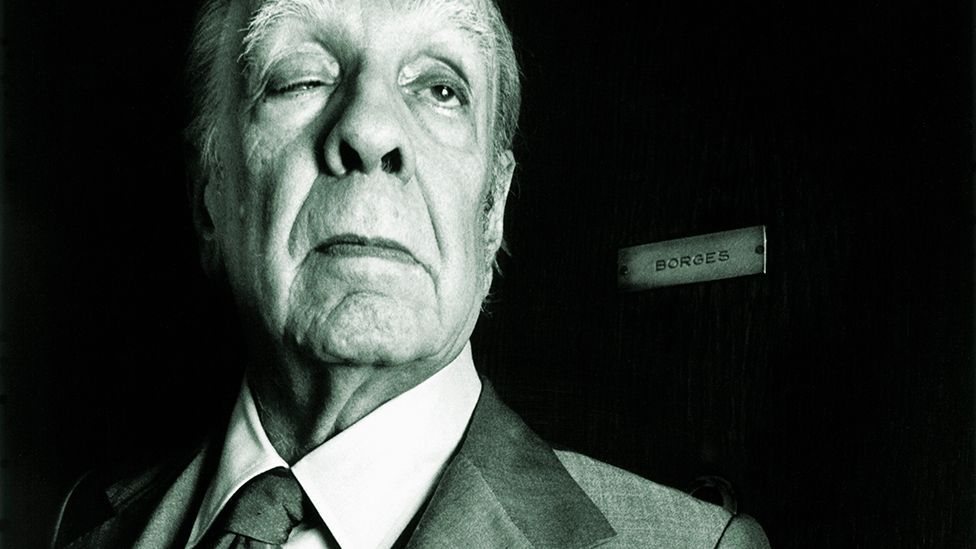 Borges at the front door of his apartment in Buenos Aires, 1983 (Getty Images)