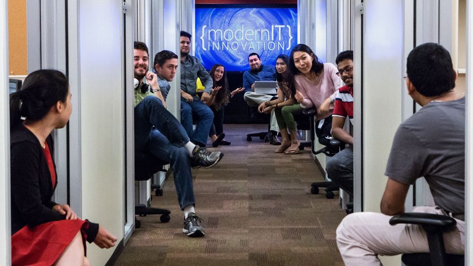 Employees have private offices in Microsoft's "hallway of knowlege" yet say they communicate well. (Microsoft)