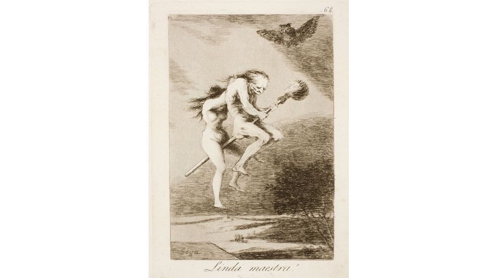 Los Caprichos is Goya’s collection of 80 etchings from 1799 that use witches as vehicles for satire (Goya) Los Caprichos is Goya’s collection of 80 etchings from 1799 that use witches as vehicles for satire (Goya)