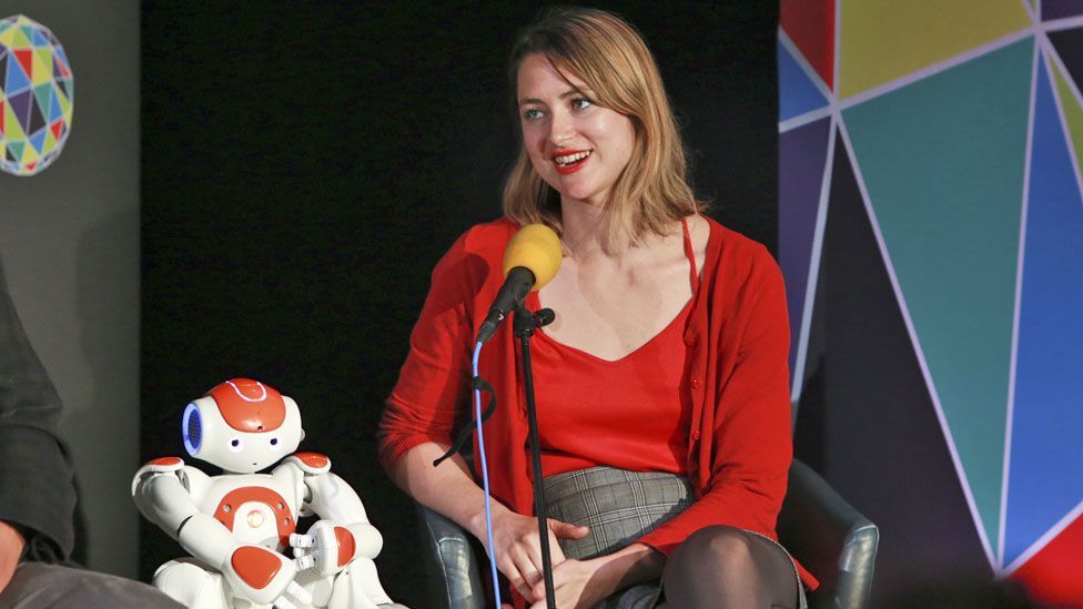 Ginger the robot cracks jokes alongside Heather Knight at the World-Changing Ideas Summit (Amy Sussman/AP)