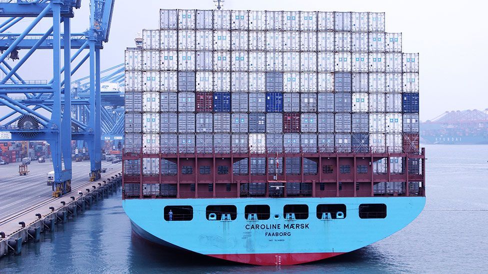 The fully-loaded ship 'Caroline' slowly pulls away from Ningbo port (Liam Young/Unknown Fields) The fully-loaded ship 'Caroline' slowly pulls away from Ningbo port (Liam Young/Unknown Fields)