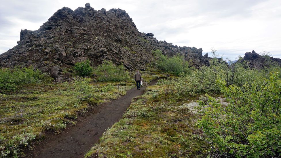 Hiking past volcanic rubble in Dimmuborgir. (Anita Isalska)