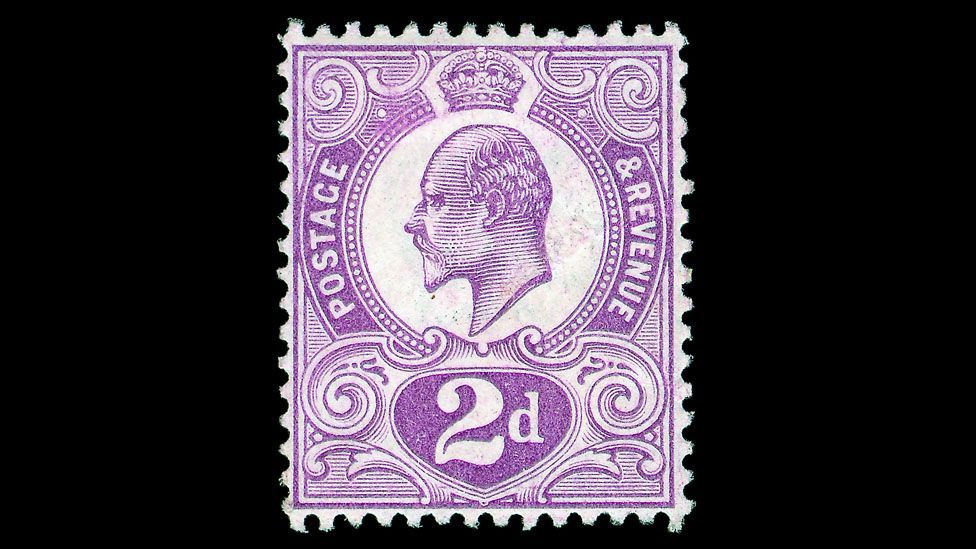 The two pence (2d) Tyrian plum was a postage stamp produced by Britain in 1910. Following the death of King Edward VII it was never issued. (Credit: Warwick & Warwick) The two pence (2d) Tyrian plum was a postage stamp produced by Britain in 1910. Following the death of King Edward VII it was never issued. (Credit: Warwick & Warwick)