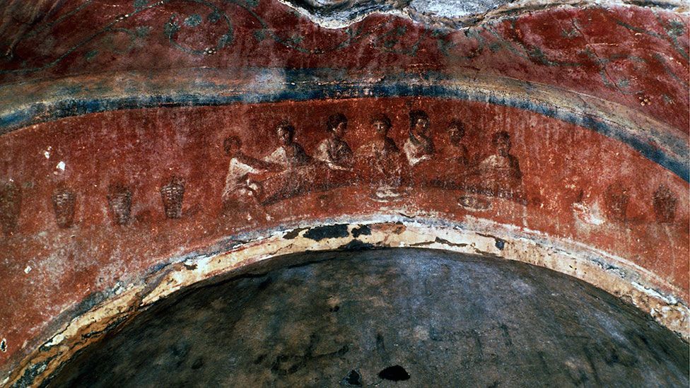 One fresco may depict women celebrating a Eucharistic feast – although the figures may also be celebrating a funeral banquet (Getty) One fresco may depict women celebrating a Eucharistic feast – although the figures may also be celebrating a funeral banquet (Getty)